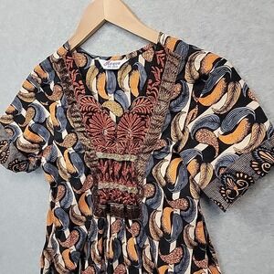 Indian Cotton Ethnic Floral Top Tunic SS Women XS Boho Hippie Vintage Look Reeva